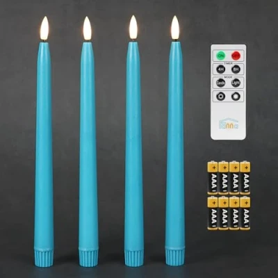 Bild av Fanna flamlösa avsmalnande ljus med timer, batteridrivna LED äkta vax färdig, fjärrkontroll och batterier ingår H 11 tum set 4 (turkos)
