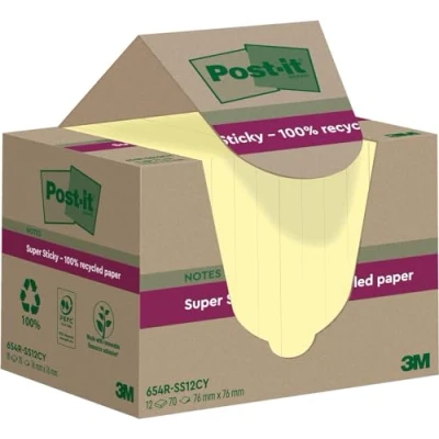 Bild av Post it Super Sticky 100% återvunna anteckningar, Kanariegul, 76 mm x mm, 70 ark/dyna, 12 dynor/förpackning