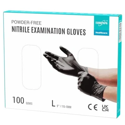 Bild av EUROPAPA® 100 x nitrilhandskar, engångshandskar, undersökningshandskar, puderfria, utan latex, icke sterila, latexfria engångshandskar (L, svart)