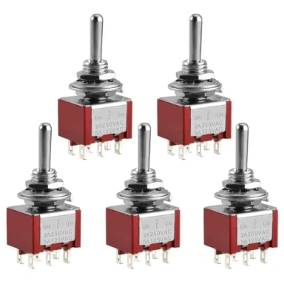 Bild av Heschen miniatyrströmbrytare MTS 203 ON OFF DPDT 6 stift, 2 A 250 V, 125 UR listad, paket med 5