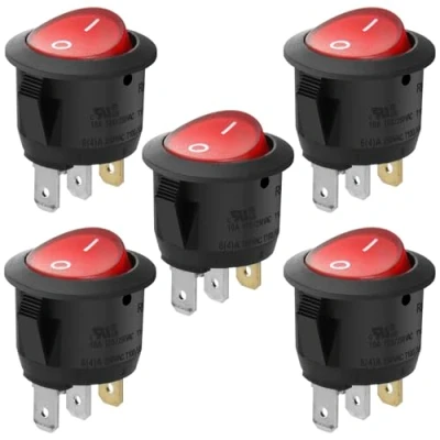 Bild av Heschen Rund vippströmbrytare, RK2 13, ON OFF, SPST, 3 terminaler, rött ljus, 10 A 250 VAC, 5 pack