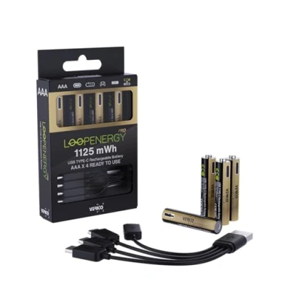 Bild av VERICO LoopEnergy Pro AAA 1125 uppladdningsbart USB C batteri 1,5 V mWh (750 mAh) Li Ion, 4 stycken, snabbladdning via anslutning i ca 2 h, pack AAA, 1 kabel A till x