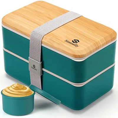 Bild av Sinnsally Lunch Box japansk för vuxna, 1 400 ml matlåda med fack, Bento lunchlåda bestick, vesperbox, brödlåda, matlåda, frukostlåda, (nordisk grön)