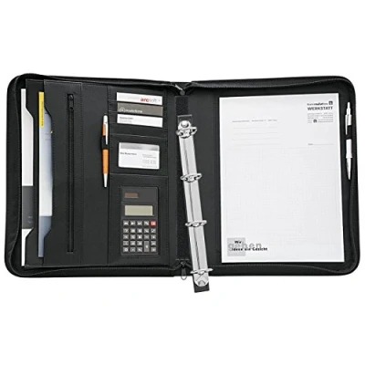 Bild av WEDO 581101 Collemapp A4, kornigt konstläder, dragkedja, flera fack, avtagbar 4 ringmekanik, pennöglor, inklusive solkalkylator, svart