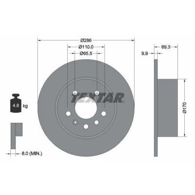 Bild av TEXTAR PRO 92075703 Disque de frein 286 9,9 05/07 110 plein revêtu sans boulon fix roue, moyeu roue SAAB: 9 5 Break, Berline