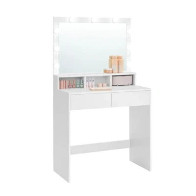 Bild av VASAGLE sminkbord, sminkbord med 9 LED lampor och spegel, 2 lådor 3 fack, modern stil, vit RDT120T10
