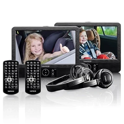 Bild av Lenco DVP 939 2x 9 tums DVD spelare med skärm, 2 x hörlurar, USB, SD/MMC, fjärrkontroll, nackstödsfästen, nätadaptrar, svart