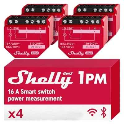 Bild av Shelly 1PM Gen3 4 pack WLAN reläomkopplare med strömmätning 16 A Ljuskontroll Alexa Google Home, Matter kompatibel iOS Android app Ingen hubb krävs
