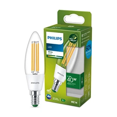 Bild av Philips LED Ultraefficient Classic: 40, B35, E14, 3000 Kelvin, Klart glas, 485 lumen, Ej dimbar, 50000 timmar livslängd, 1 pack