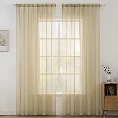 Bild av MIULEE 2 paneler av enfärgade och genomskinliga fönstergardiner, släta eleganta fönsterpaneler, draperier för sovrum vardagsrum ljusbrun 140 cm B x 224 L, stångficka