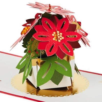 Bild av Hallmark julkort, 3D och pop up julgranskablommor, röda blommor, jullövverk, röd, guld