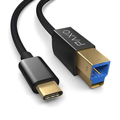 Bild av 1 m USB C skrivarkabel i nylon, 3.1 (USB 3.0), svart, kontakt till B, laddkabel, datakabel, guldkontakt