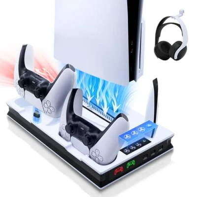 Bild av Tolesum PS5/PS5 Pro/PS5 Slim stativ med 3 växlad fläkt, headsetkrok, laddningsstativ för dubbla styrenheter USB hubbar, multifunktionell LED laddningsstation UHD/Digital Edition