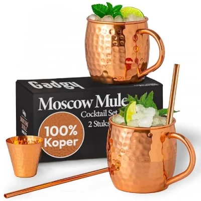 Bild av Gadgy ® Moscow Mule mugg set 2 Original handgjord 100% kopparmugg svetsat handtag (öra) 475 ml. Cocktail Shot Snaps