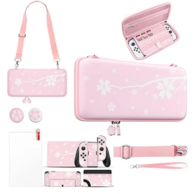Bild av Mytrix Switch bärväska kompatibel med Nintendo OLED konsol, tillbehör och spel, bärbart resefodral, skyddstillbehörssats, Sakura söt rosa, Fodral skyddssats,