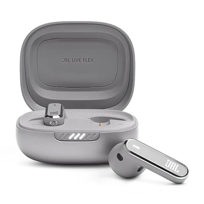 Bild av JBL Live Flex, trådlösa hörlurar, bluetooth 5.3 teknik, brusreducering och rumsligt ljud, upp till 40 timmars batteritid, silver