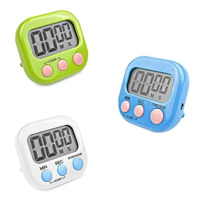 Bild av Fousenuk 3 stycken äggklocka med färger, digital timer för kök, kort tidslarm magnetisk, stoppur fällbart stativ, stor LCD display matlagning, bakning, sport, studier