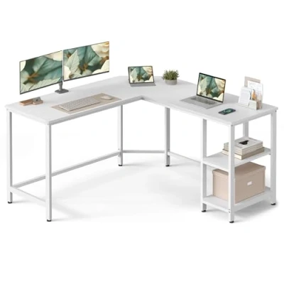 Bild av VASAGLE Datorskrivbord, L format hörnskrivbord, spelskrivbord, arbetsstation med 2 förvaringshyllor för hemmakontor, platsbesparande, lätt att montera, vit lönn, LWD072W44, 138 x 76 cm