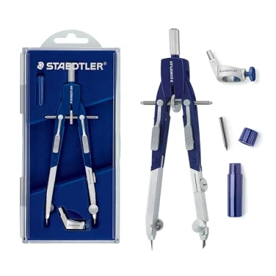 Bild av Staedtler Zirkel Mars Comfort, Schnellverstellzirkel, auswechselbare Nadel, Schenkel abknickbar, Durchmesser Zeichenkreis: 350 mm, Länge: 170 Farbe: blau, silber, Klappdeckeletui, 552 01
