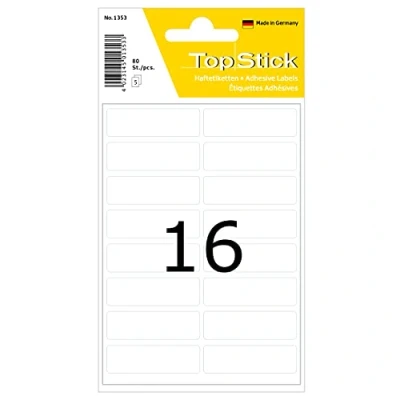 Bild av TopStick 1353 hushållsetiketter små (13 x 40 mm, 5 ark, papper, matt) självhäftande, permanenta multifunktionsetiketter för handskriven märkning, 80 klistermärken, vit