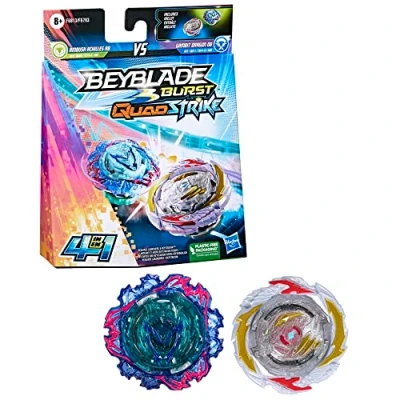 Bild av Beyblade Burst QuadStrike Dual Pack, 2 pack Gambit Dragon D8 och Ambush Achilles A8 tävlingssnurror 8+ år, innehåller snurror instruktioner på svenska