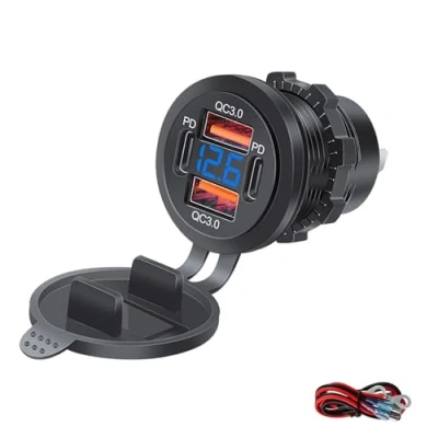 Bild av Intckwan 12V USB uttag, 78W, 4 Portar (2xQC3.0 + 2xPD) Laddare med Blått LED voltmeter, Inbyggbart uttag för 12 24V Fordon Bil, Motorcykel, Lastbil, Båt, Husvagn Snabbladdning &amp; Hållbar