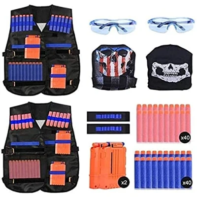 Bild av EXTSUD taktisk väst för barn, 2 set Nerf Guns N Strike Elite serien med 80 st refill dart, laddningsklämmor, taktiska masker, armband och skyddsglasögon