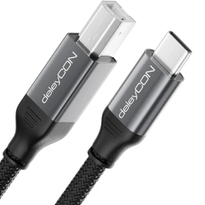 Bild av deleyCON 2m USB C Skrivarkabel (för Skrivare, Scanner, MIDI) till B Kabel Flätad + Metallkontakt för Epson HP Samsung Canon Brother IPhone 16 15 Notebook Tablet PC MacBook