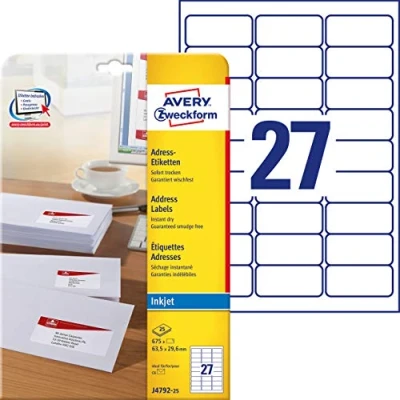 Bild av AVERY Specialform J4792 25 adressetiketter/adressetiketter (63,5 x 29,6 mm på DIN A4, tryckt, självhäftande, idealisk för C6 kuvert, pappersmatta, bläckstråleskrivare, 675 etiketter, ark) vit