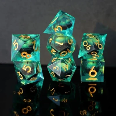 Bild av Elifel DND tärningsset flytande grön elev draköga harts skarp kant tärning 7 delar handgjord D&amp;D för polyhedrala fängelsehålor och drakar Ttrpg stigfinnare RPG rollspel med presentask