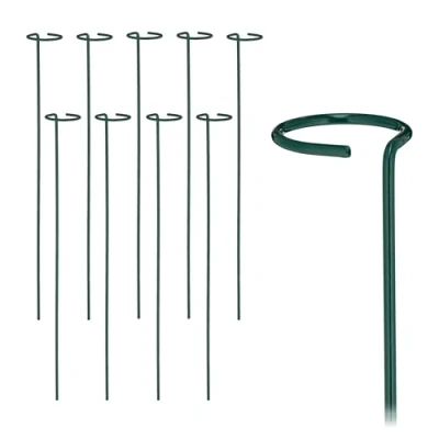 Bild av Relaxdays Växtstavar metall, set om 10, rankstavar med ring, metallstavar trädgård, växtstöd stavar, 60 cm långa, mörkgrön
