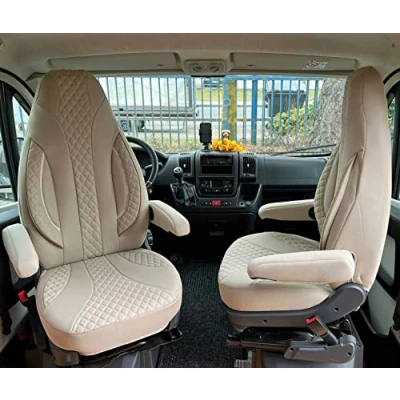 Bild av Pilotsätesöverdrag kompatibel med husbilscamper Hymer Ducato husbilstillbehör Sats 2 skyddsöverdrag inkl. Armstödsöverdrag i beige WPL405