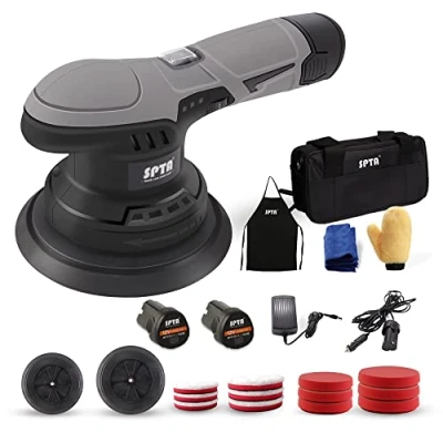 Bild av SPTA Batteridriven vaxmaskin, 125 mm, 150 mm dubbel action polermaskin polering med 6 steg, utbytbara batterier 12 V, 2 x polerhuvor, polersvamp, polerdyna för vaxning LD601EU