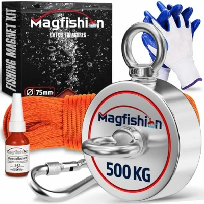 Bild av MAGFISHION Dubbel Magnetfiske Set Dragkraft 500KG (2x 250kg) Ø75mm Neodym Magnet Med Mörkorange Repet (20M) &amp; Handskar Ögonmagnet Fiskemagneter