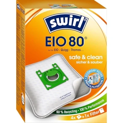 Bild av Swirl® EIO 80 EcoPor® dammsugarpåsar för EIO, Dirt Devil, Edeka, Thomas, 4 påsar, silver