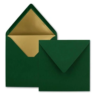 Bild av FarbenFroh by Gustav Neuser 25 st fyrkantiga brevkuvert 15,5 x cm (15,5 cm, mörkgröna) med gyllene papperslappar, fodrade vå