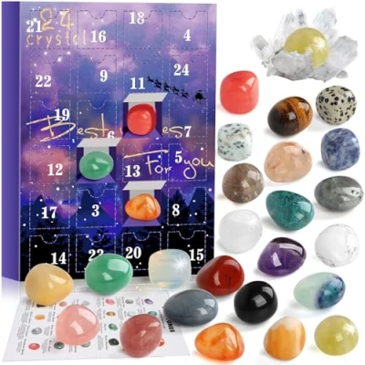 Bild av RAMXCION 2023 års adventskalender med stenar, 24 dagar, naturlig kristall, agatsten, mineraler och fossiler, julkalender, stensamling för entusiaster, nedräkningskalender, jul, flickor