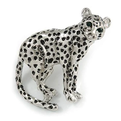Bild av Avalaya unik leopardbrosch i silverton metall med svarta fläckar 42 mm över