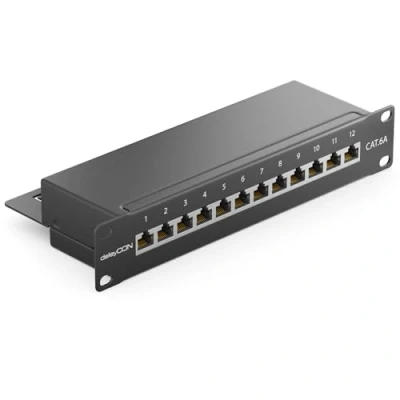Bild av deleyCON CAT 6a Patch Panel Distributionspanel 12 Port Stationär 10 Tums Rackmonterad Servermontering RJ45 Skärmad TIA568A TIA568B Svart