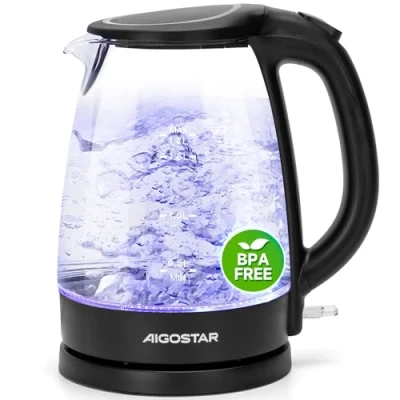 Bild av Aigostar Adam 30GOM Glaskokare, vattenkokare med LED belysning på 1,7 liter kapacitet, 2200W ström, BPA fri och skyddssystem mot torrkokning. Exklusiv design.