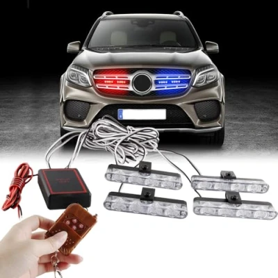 Bild av Sidaqi 4 i 1 16 LED lampor för fordon, röd och blå, nödstroboskop med trådlös fjärrkontroll, polislampor bil, blinkande varningsgaller, lastbil, motorcykel, 12 V