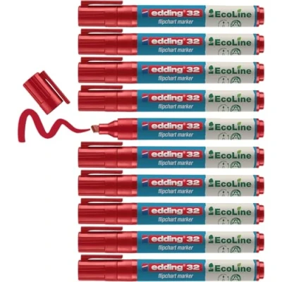 Bild av edding 25 Ecoline permanent marker röd låda med 10 rund spets 1 mm vattenfast, snabbtorkande, fläckfria pennor för kartong, plast, glas, trä, metall och tyg går att fylla på