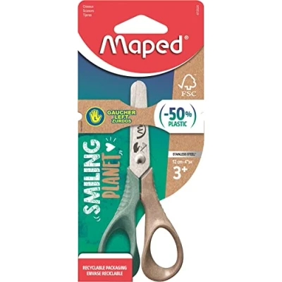 Bild av Maped Vivo Smiling Planet sax ansvarsfull för små vänsterhänta händer 50% FSC certifierade träfiberringar 3D ergonomi 12 cm blad i rostfritt stål runda ändar