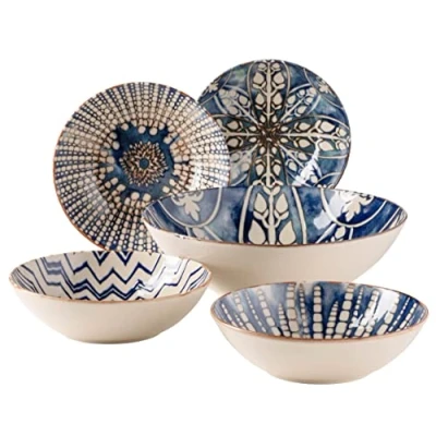Bild av MÄSER 934018 Iberico Blue, 5 delat skålset i morisk stil, 1 salladsskål stor och 4 skålar för sallad, müsli, soppa eller pasta, med olika vintagemönster vitt blått, stengods