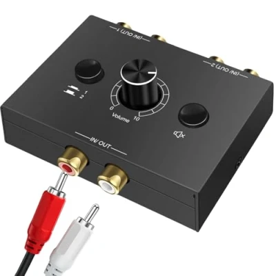 Bild av RCA Cinch stereo Audio Switch 2 (1) IN 1 (2) out, R/L ljudomkopplare med volymkontroll, dubbelriktad aux ljudväljare strömbrytare splitter box för CD spelare datorhögtalare