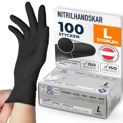 Bild av ISC Hygiene &amp; Safety nitrilhandskar L, engångshandskar, matlagningshandskar mat 100 stycken storlek 9 stor svart puderfri latexfri gummihandskar engångs