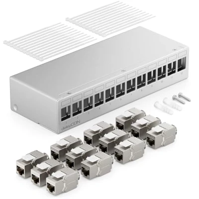 Bild av deleyCON 12 Port Patch Panel Set Field Distribution 1U + 12x RJ45 Keystone Jack Module STP CAT6a Kompatibel med Läggningskabel CAT5 CAT6 CAT7 Nätverkskabel Ethernet LAN DSL Grå