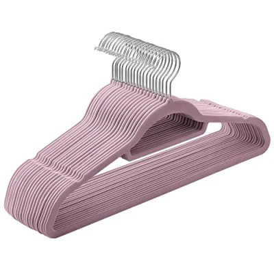 Bild av SONGMICS Klädhängare i sammet, set om 20, hängare, halkfri, liten stång för slipsar, 360 roterande krok, 0,6 cm tjock, platsbesparande, 43,5 lång, kappor, byxor, silver mjuk lila CRF020GP20