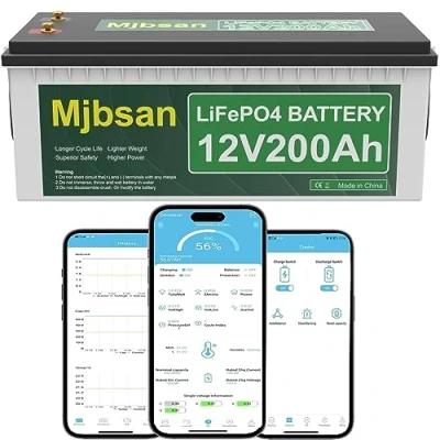 Bild av Mjbsan LiFePO4 bilbatteri på 12 V/200 Ah, med inbyggt BMS 200 A, litiumbatteri 2 560 Wh, över 8 000 cykler, perfekt för husbil, solceller, husvagn, båt och camping