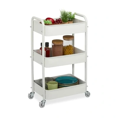 Bild av Relaxdays Rullvagn, 3 våningar, serveringsvagn, köksvagn badrum och kontor, rullhylla, 71,5 x 43,5 29,5 cm, pysselvagn, vit
